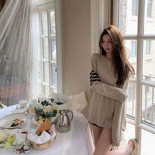 新款 韩版 宽松中长款 条纹撞色防晒衫 长袖 女夏季 显瘦薄款 T恤潮 罩衫