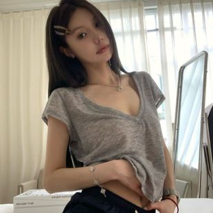 薄款 天丝莱赛尔微透短袖 纯色休闲百搭V领修身 新款 上衣潮 t恤女夏季