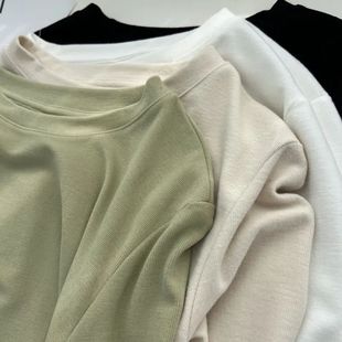 上衣 T恤女宽松显瘦打底衫 奥特莱斯 外贸余单秋冬温柔纯色圆领长袖