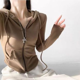 卫衣外套女秋冬季 修身 辣妹风连帽开衫 新款 上衣 小个子显瘦长袖 短款