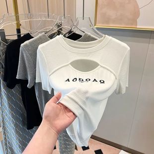 上衣 纯欲甜辣妹白色短袖 t恤女镂空设计感打底衫 内搭修身 显瘦半袖