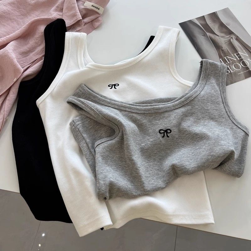 简约小刺绣短款吊带背心女修身显瘦弹力百搭打底衫上衣夏季学生潮