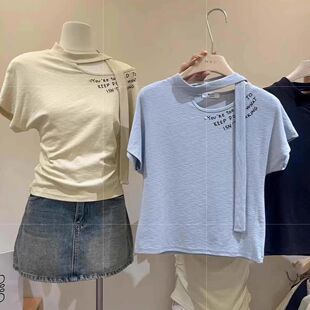 专柜品质~纯棉小众高级感漏锁骨飘带字母印花T恤女短袖t恤ins上衣