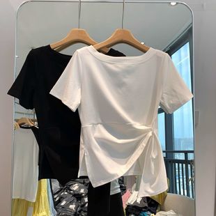 小心机设计感交叉收腰显瘦圆领短袖 莫代尔棉上衣 T恤女夏新款 韩版