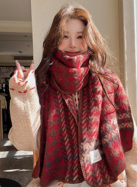 复古红色千鸟格围巾女冬季学生保暖韩版百搭围脖2023新款仿羊绒
