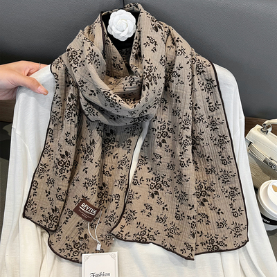 复古文艺森系小花质感纯棉长条丝巾护颈围巾女秋百搭领巾保暖围脖