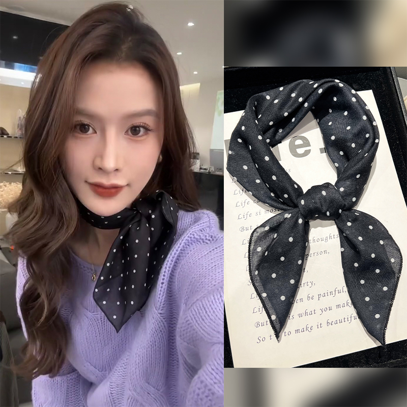 复古波点棉质小方巾韩系氛围感围巾飘带丝巾薄款护颈围脖百搭领巾