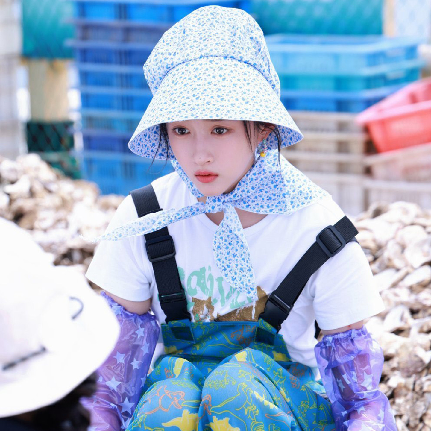 耀眼关晓彤晴也同款蓝色碎花防晒帽夏天季遮阳全包围骑车护脖帽子