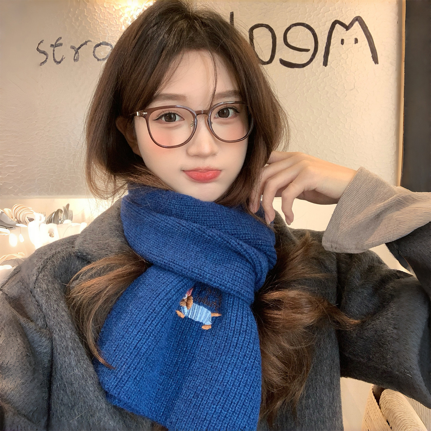 蓝色针织毛线围巾女秋冬韩系高级感百搭加厚保暖防寒护颈围脖学生