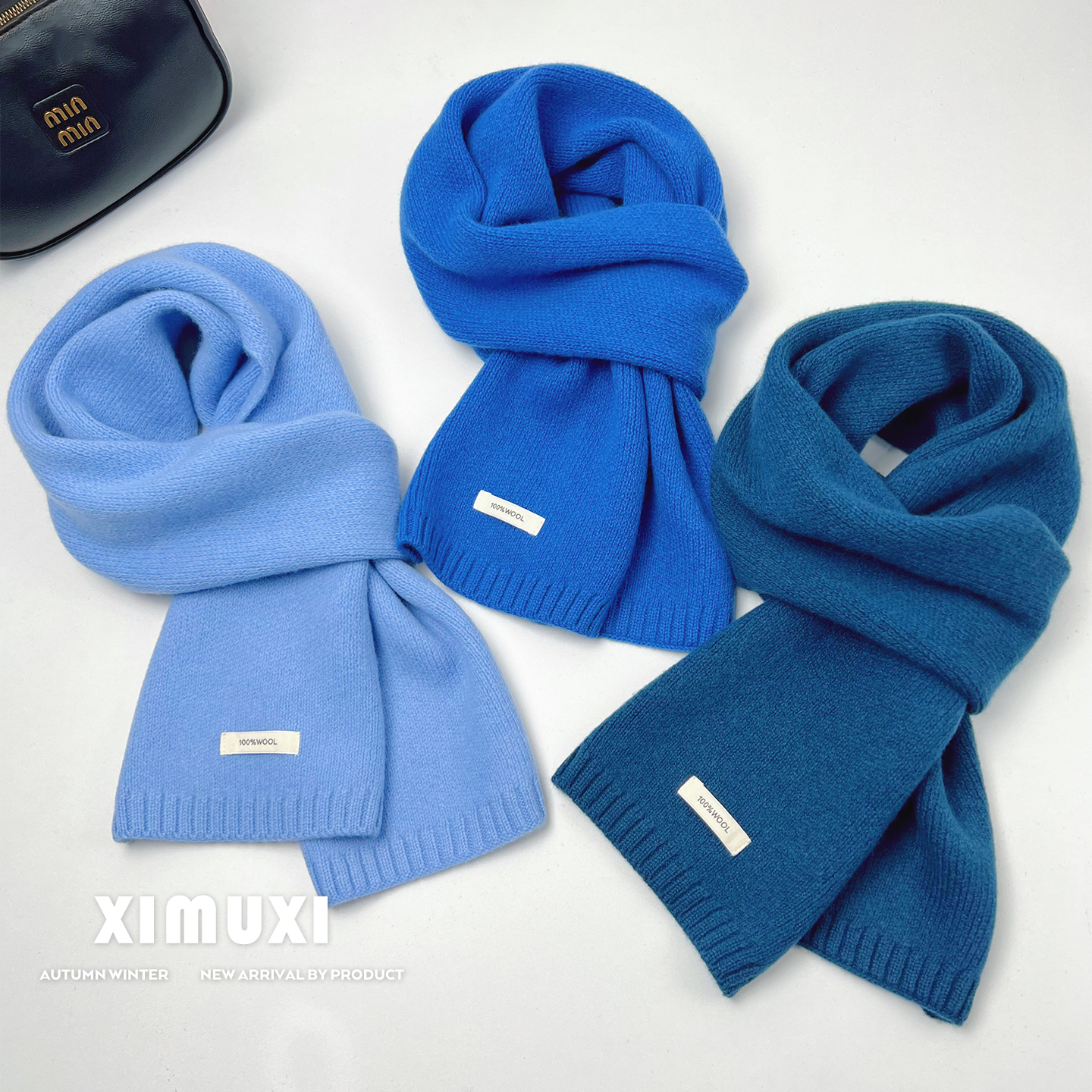 静谧高级冰川蓝色系围巾100%澳洲纯羊毛女秋冬保暖针织百搭女围脖
