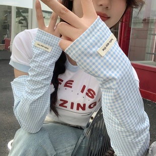 防紫外线户外骑行开车护手臂袖 蓝色格子防晒袖 宽松冰袖 夏季 套女款