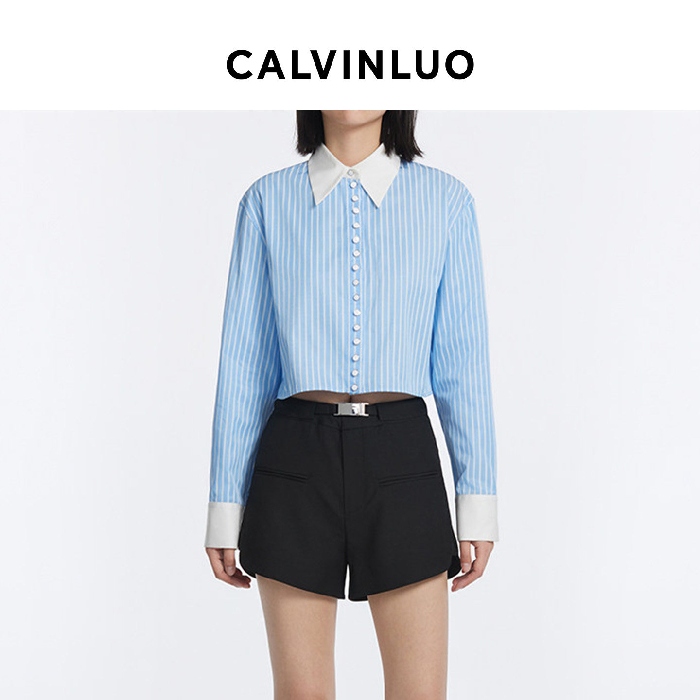CALVINLUO 纽扣装饰短款衬衣休闲衬衫 新品 白/蓝白