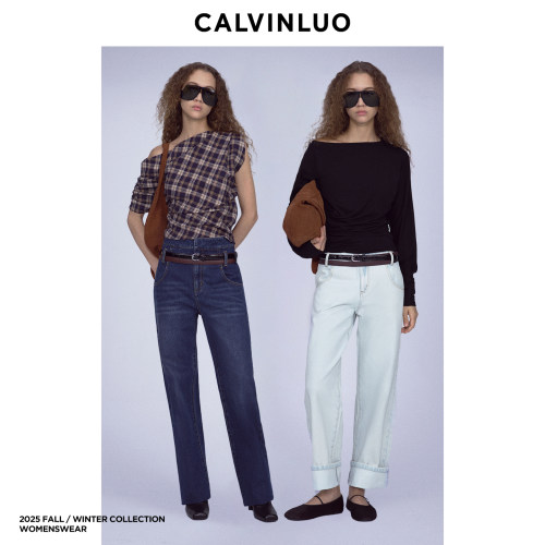 CALVINLUO双层腰带高腰牛仔裤