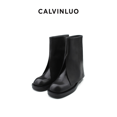 CALVINLUO 24新品 女式黑色中筒裤管靴