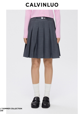 CALVINLUO 腰带装饰休闲百搭百褶裙半身裙 新品 灰色/卡其