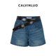 CALVINLUO 辣妹休闲热裤 蓝色复古百搭V腰针扣皮带牛仔短裤 女夏季