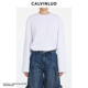 24新品 白 纯色圆领结构线长袖 CALVINLUO T恤百搭上衣 粉 咖 灰