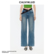 修身 直筒裤 女 CALVINLUO 子明星同款 时尚 显瘦裤 斜门襟腰带牛仔裤
