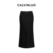 女装 CALVINLUO 24新品 黑色缎面开衩设计鱼尾裙百搭半身裙