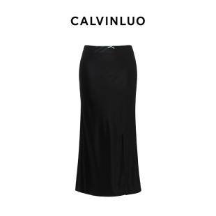 黑色缎面开衩设计鱼尾裙百搭半身裙 女装 CALVINLUO 新品