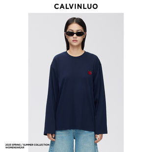 灰色 CALVINLUO 25SS新品 T恤 藏青色 苹果刺绣长袖