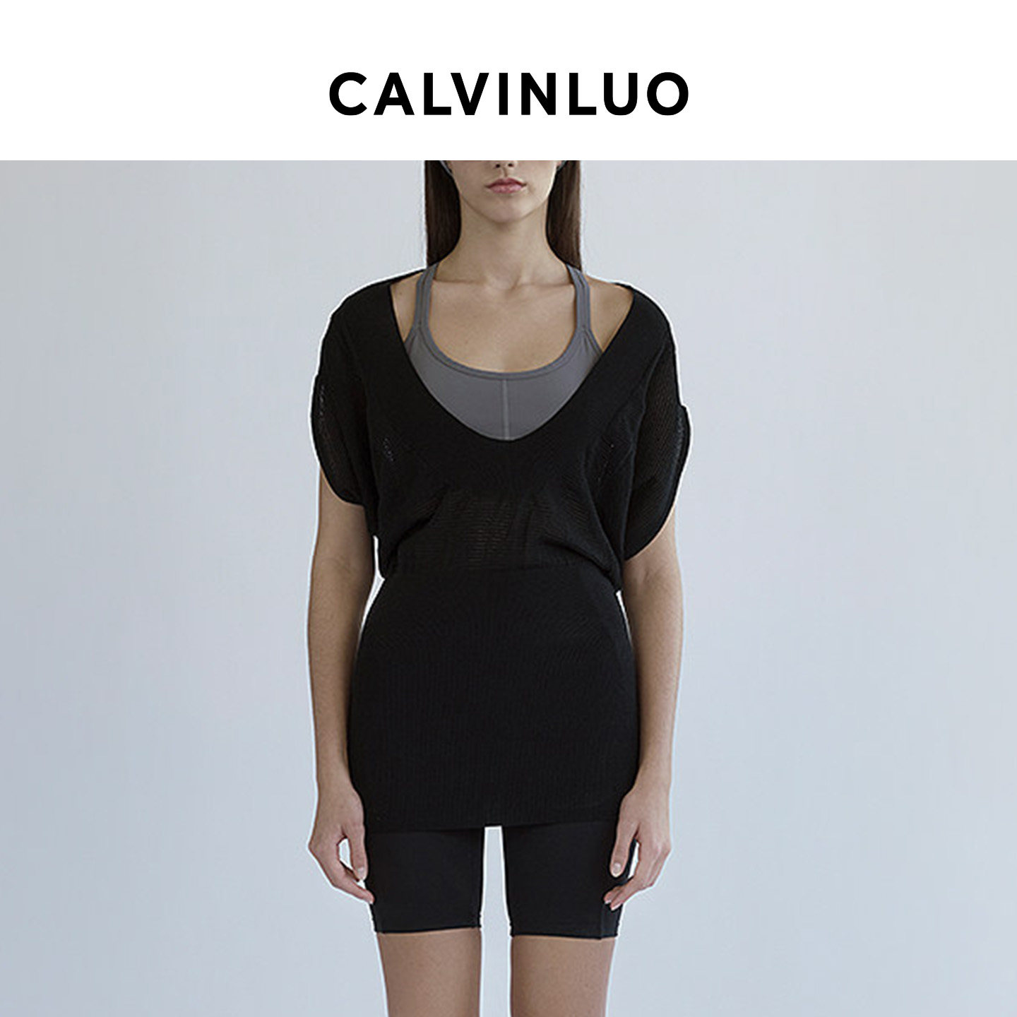 CALVINLUO慵懒运动外搭U领斜肩蝙蝠袖收腰针织衫 新品易梦玲同款