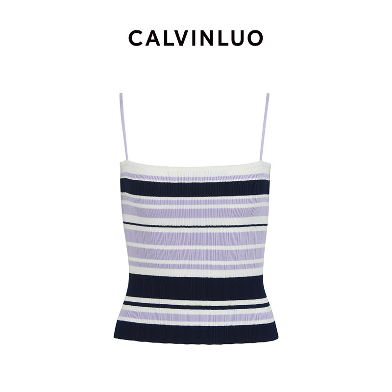 CALVINLUO 新品 条纹针织吊带 紫白/黄绿