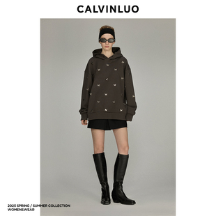 明星同款 CALVINLUO 饰灰色廓形休闲宽松女连帽卫衣 蝴蝶装 25秋季