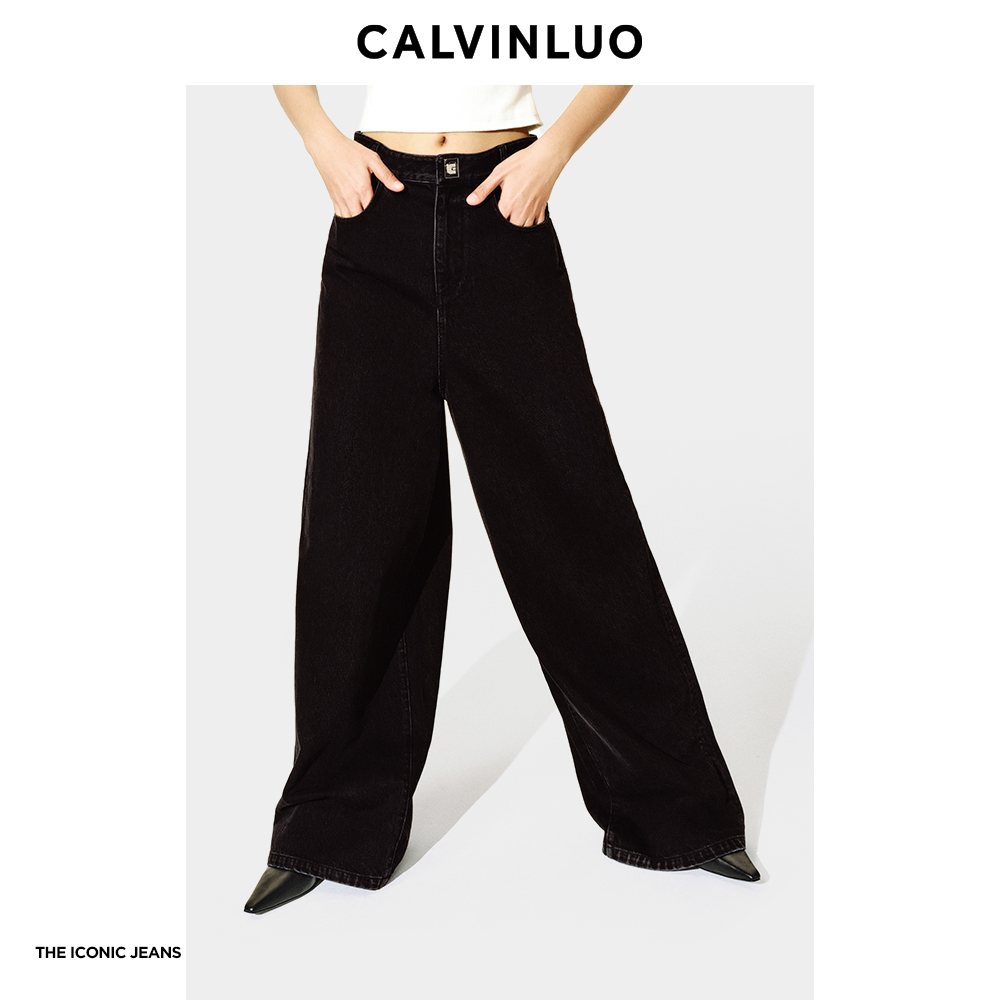CALVINLUO黑色低腰超阔腿牛仔裤