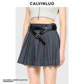 CALVINLUO 双圈腰带气质百褶裙春夏短裙A字半身裙