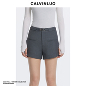 灰 CALVINLUO 黑色 短裤 24新品 插扣腰带短休闲通勤西装 裤