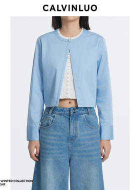 CALVINLUO 纽扣装饰假两件衬衫 24新品 白色蓝色乔欣同款