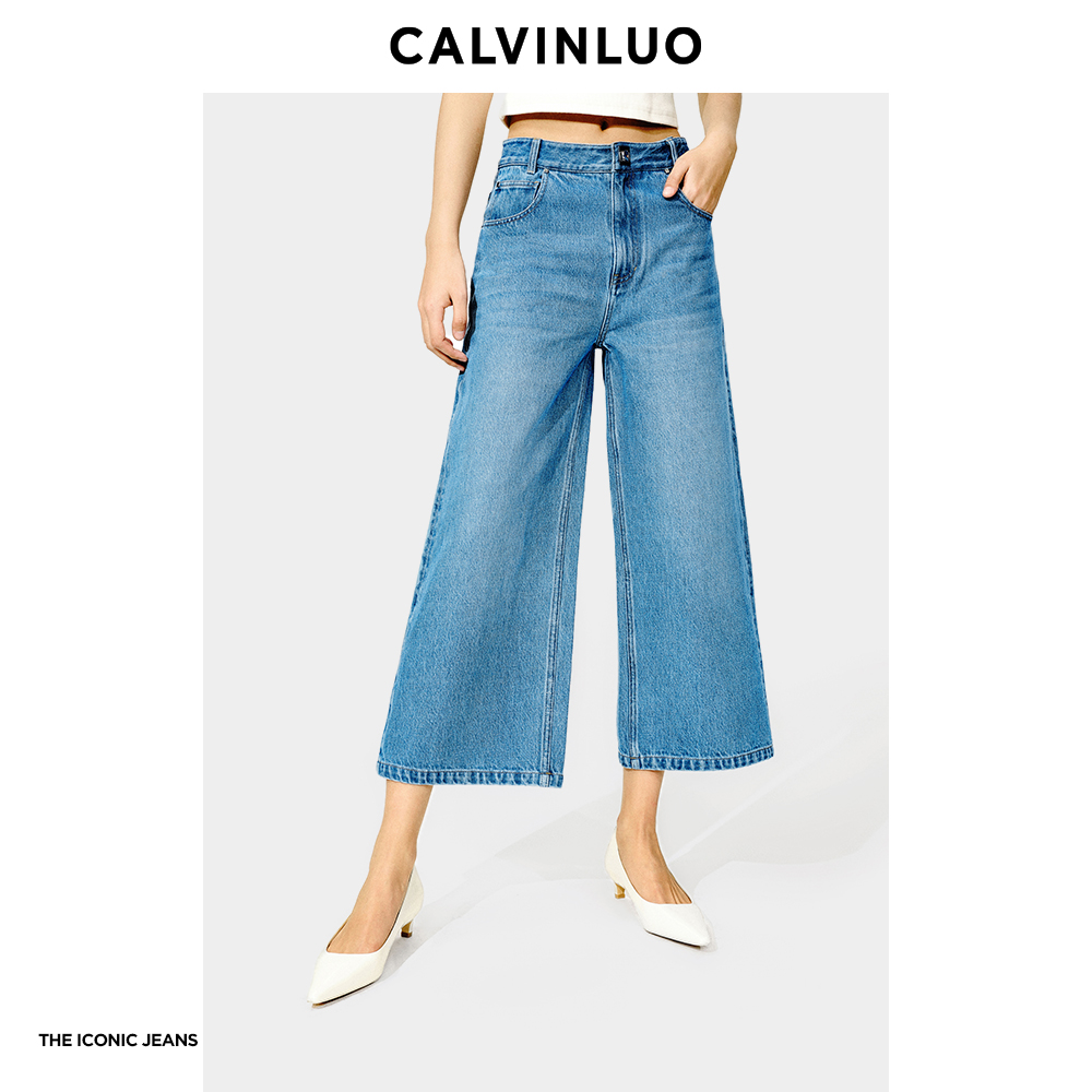 CALVINLUO高腰宽松八分牛仔裤