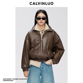 美式 CALVINLUO 冬季 复古廓形简约保暖PU翻领拉链棉服机车夹克外套