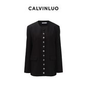 CALVINLUO 24新品 黑色纽扣装 饰V领休闲西装