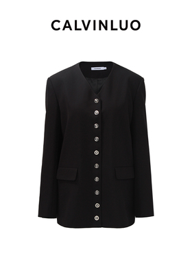 CALVINLUO 黑色纽扣装饰V领休闲西装 24新品