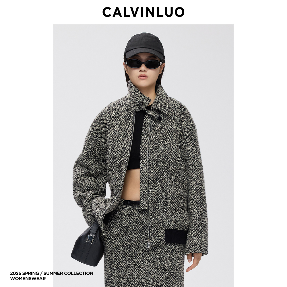 棕黑复古毛呢夹克短外套