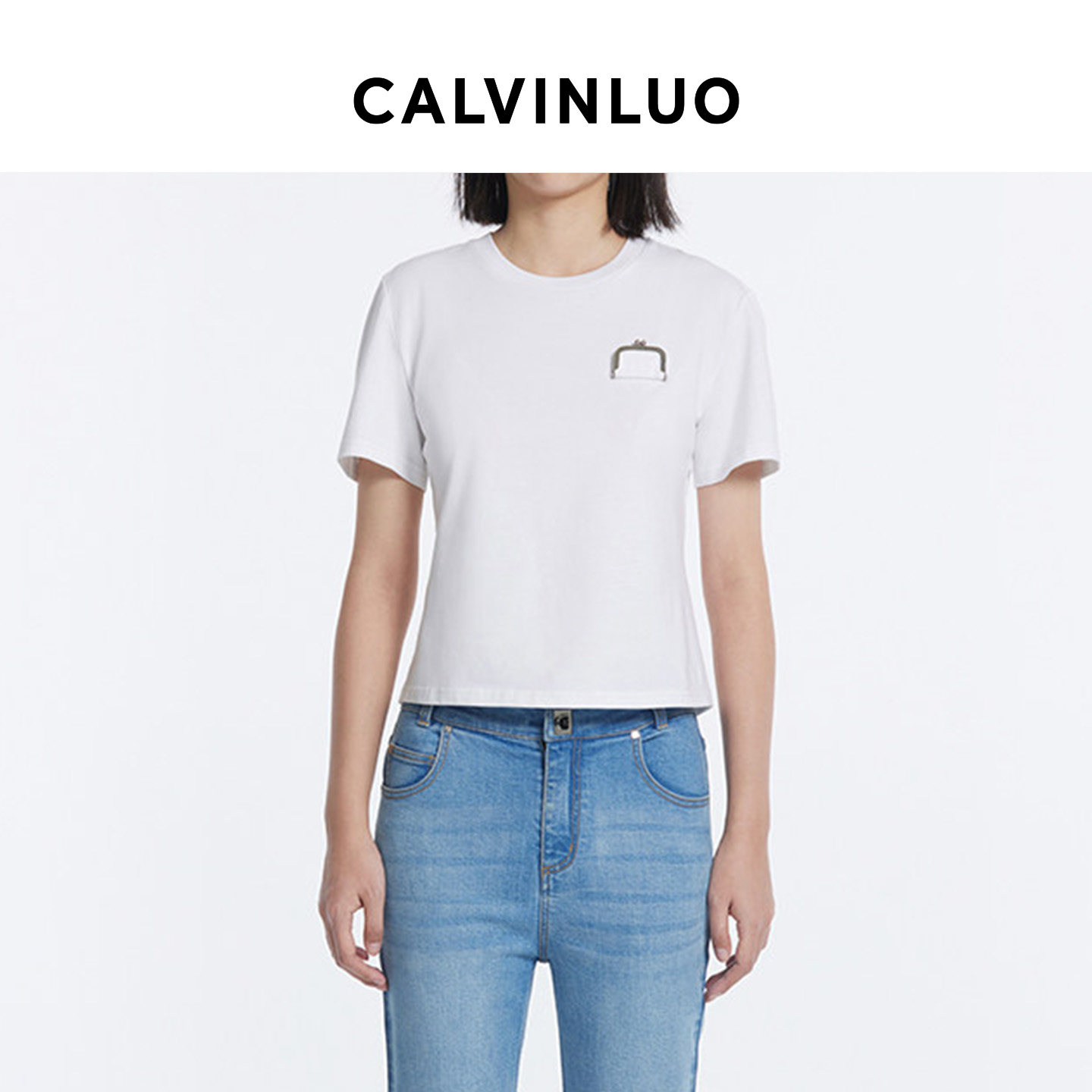 CALVINLUO 口袋金属装饰圆领正肩短袖T恤  新品 白色/灰色