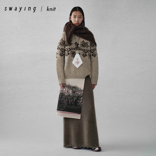 SWAYING官方 流苏毛边牦牛绒长裙 25AW秋冬气质通勤显瘦半身裙女
