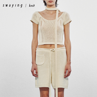 SWAYING官方 肩部镂空短袖针织衫 25PF早秋气质百搭针织衫上衣女