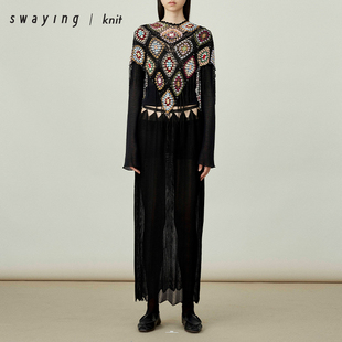 SWAYING官方 钩针拼接鱼骨纹半裙 24春夏设计感宽松双层半身裙女