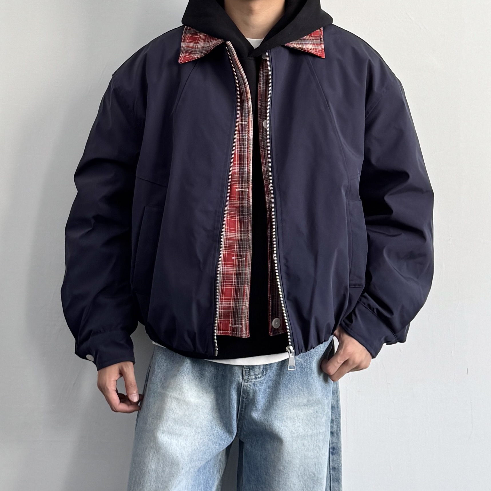 美式复古休闲格子假两件棉服