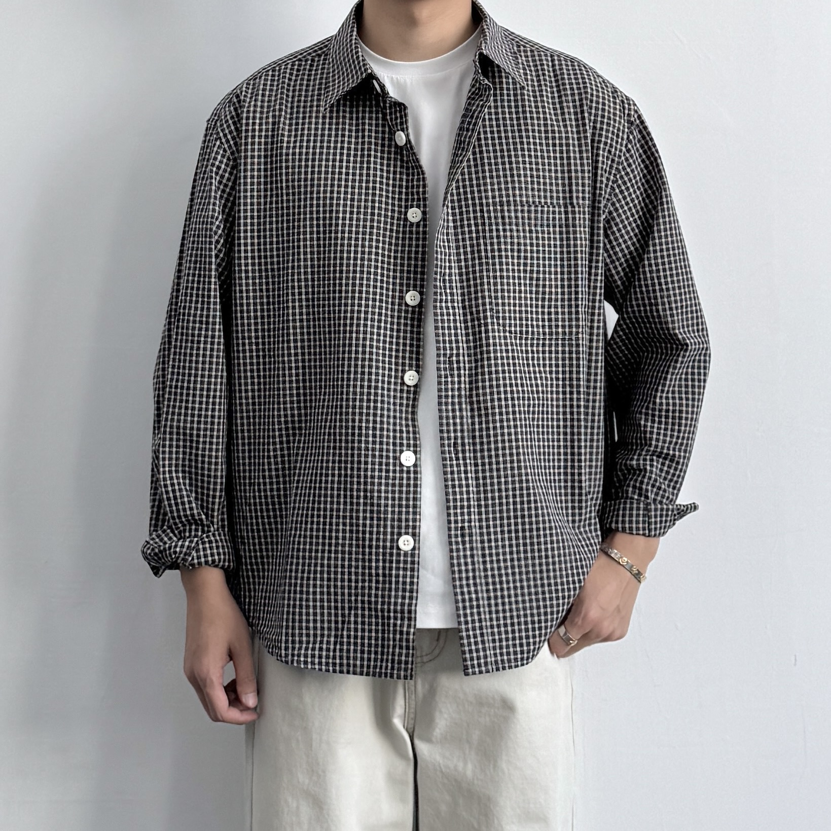 ONUN复古藏青格子衬衫长袖