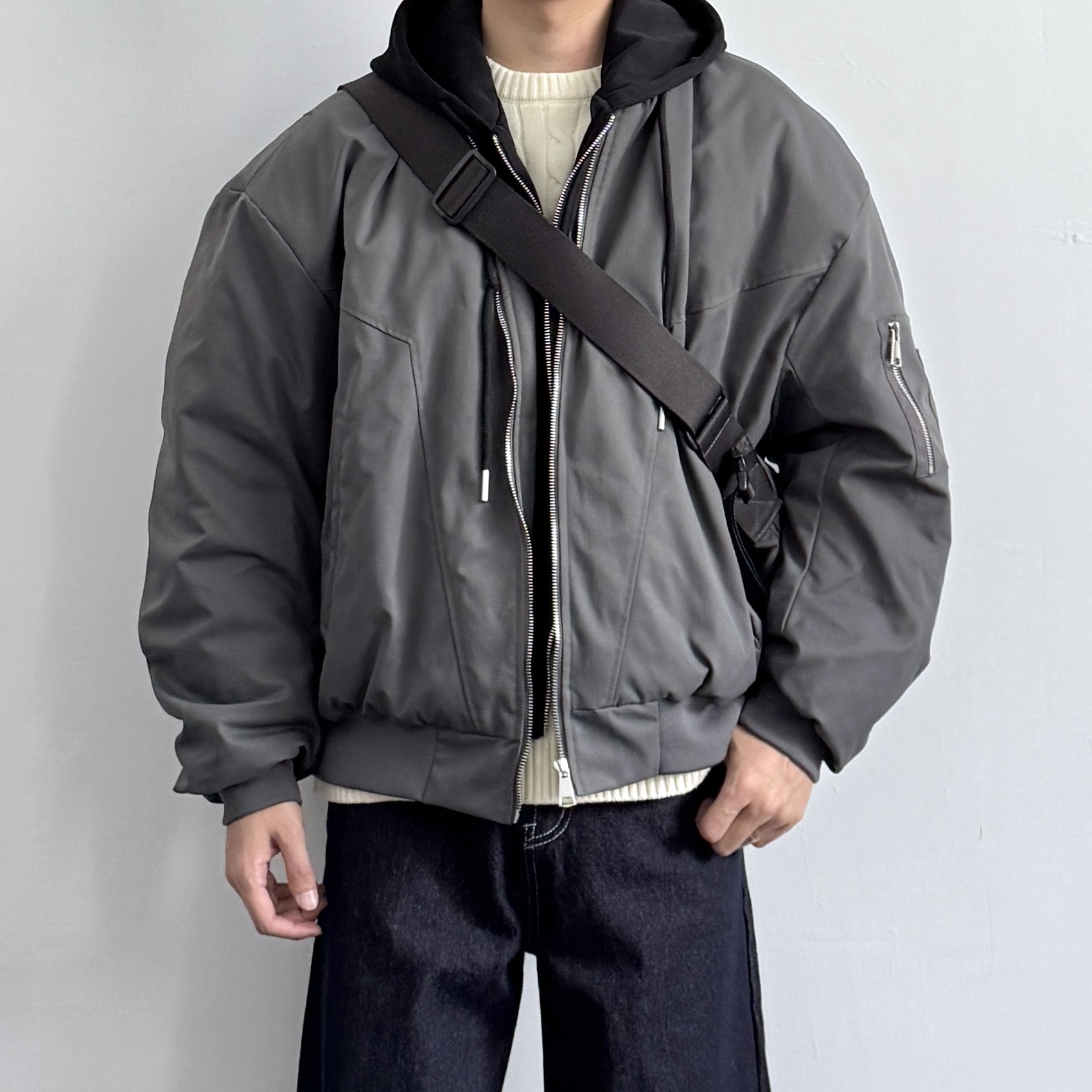 美式复古宽松假两件连帽夹克棉