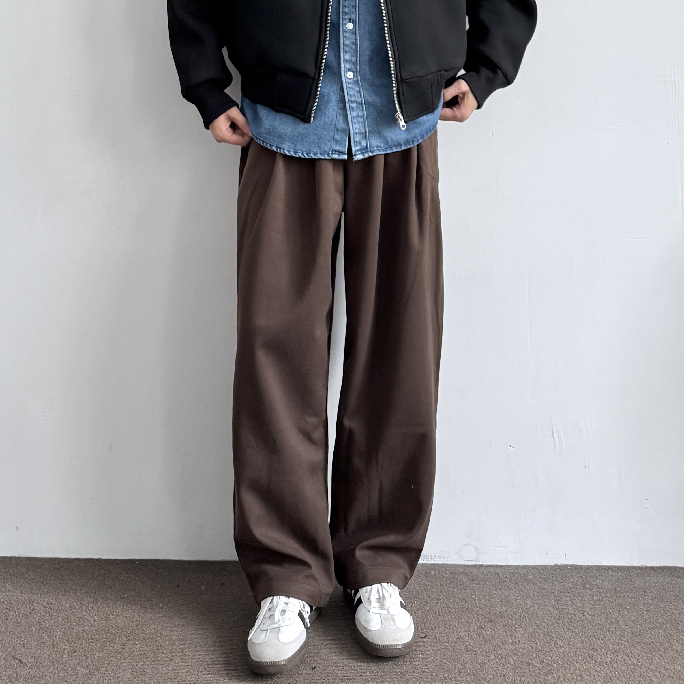 ONUN秋冬复古打褶休闲毛呢西裤