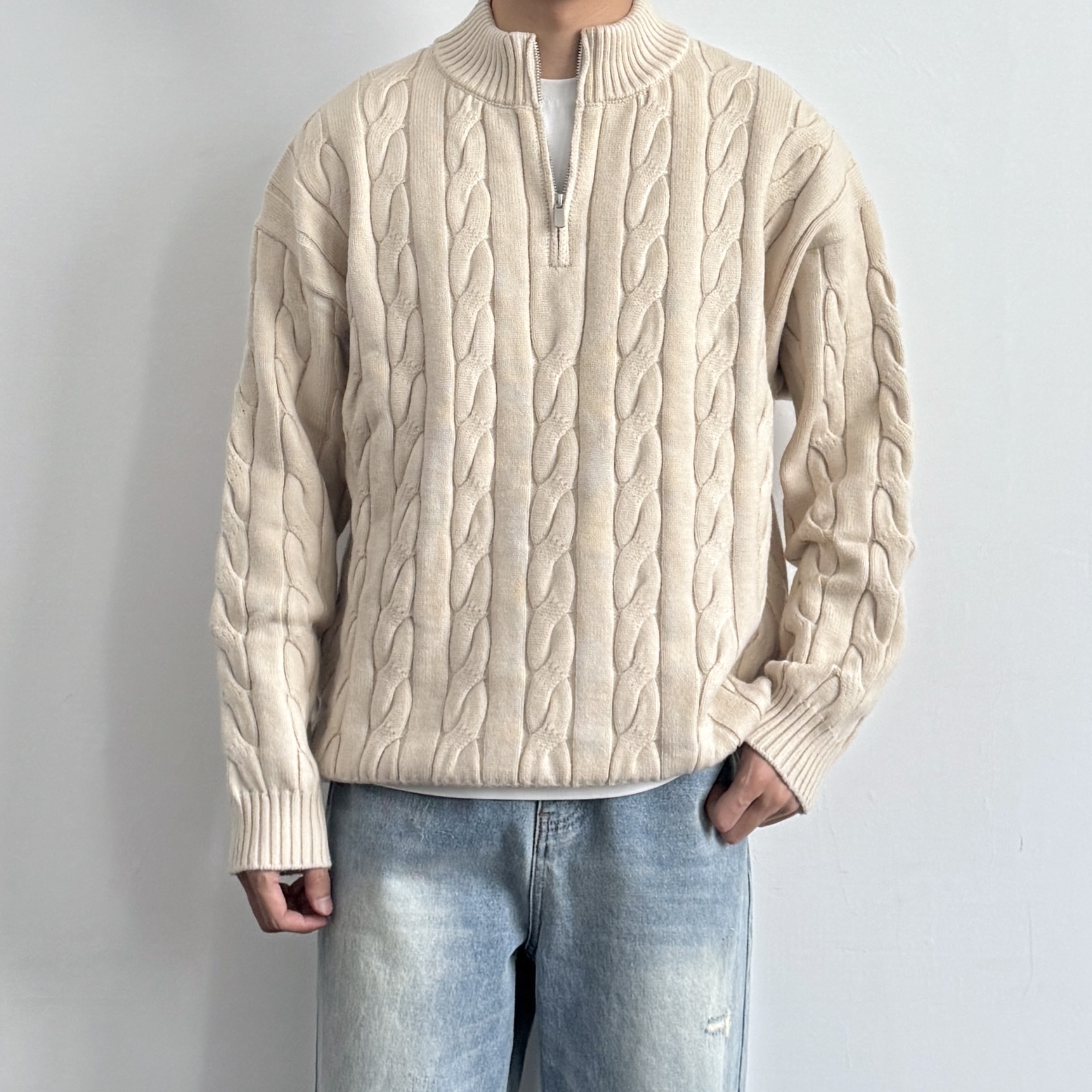 美式复古半高领拉链绞花毛衣