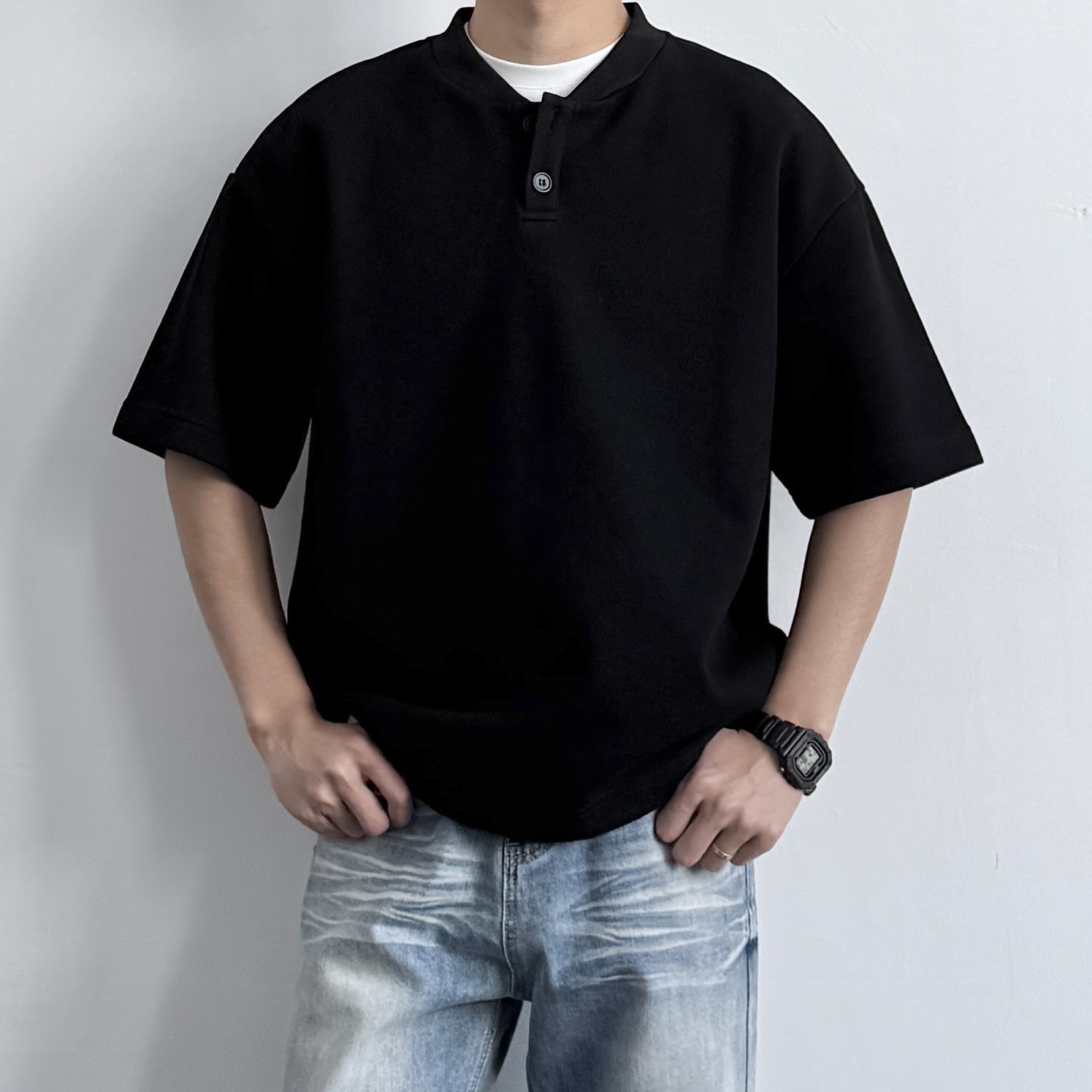 美式复古珠地空气层亨利领短袖