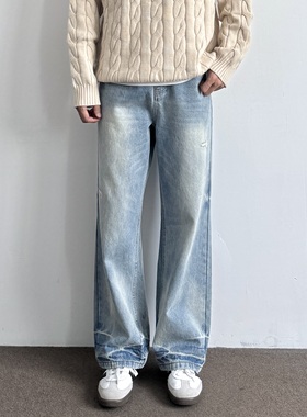 ONUN美式复古重工水洗宽松直筒牛仔裤做旧半松紧百搭休闲男生长裤