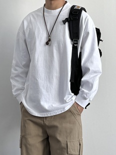 ONUN 复古宽松纯棉打底T恤 重磅320g日系基础百搭纯色圆领T恤长袖