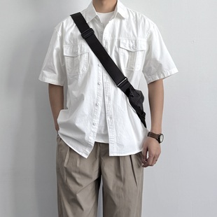 男宽松休闲短袖 ONUN日系复古白色双口袋工装 新款 2025夏季 衬衣 衬衫